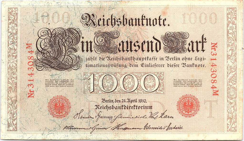 1910 Germany 1000 Mark Reichsbanknote Imperial Note red Sael Better Grade