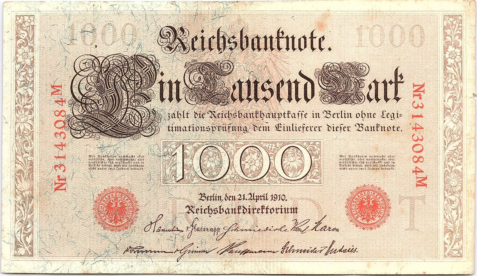 1910 Germany 1000 Mark Reichsbanknote Imperial Note red Sael Better Grade