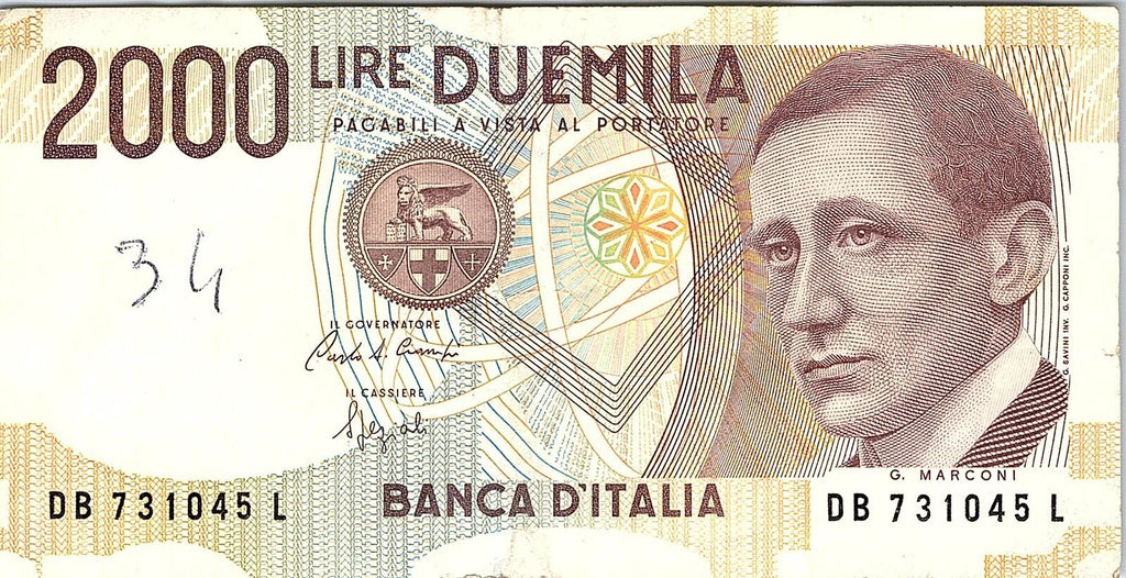 Italy 2000 Lire 1990 DB NEW Better Grade Banknote