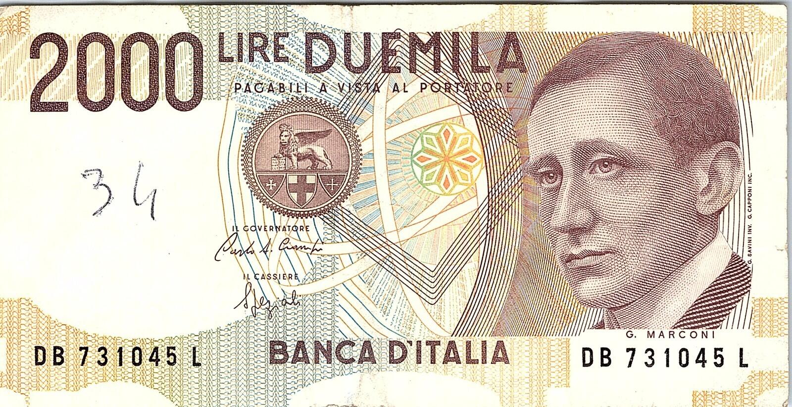 Italy 2000 Lire 1990 DB NEW Better Grade Banknote