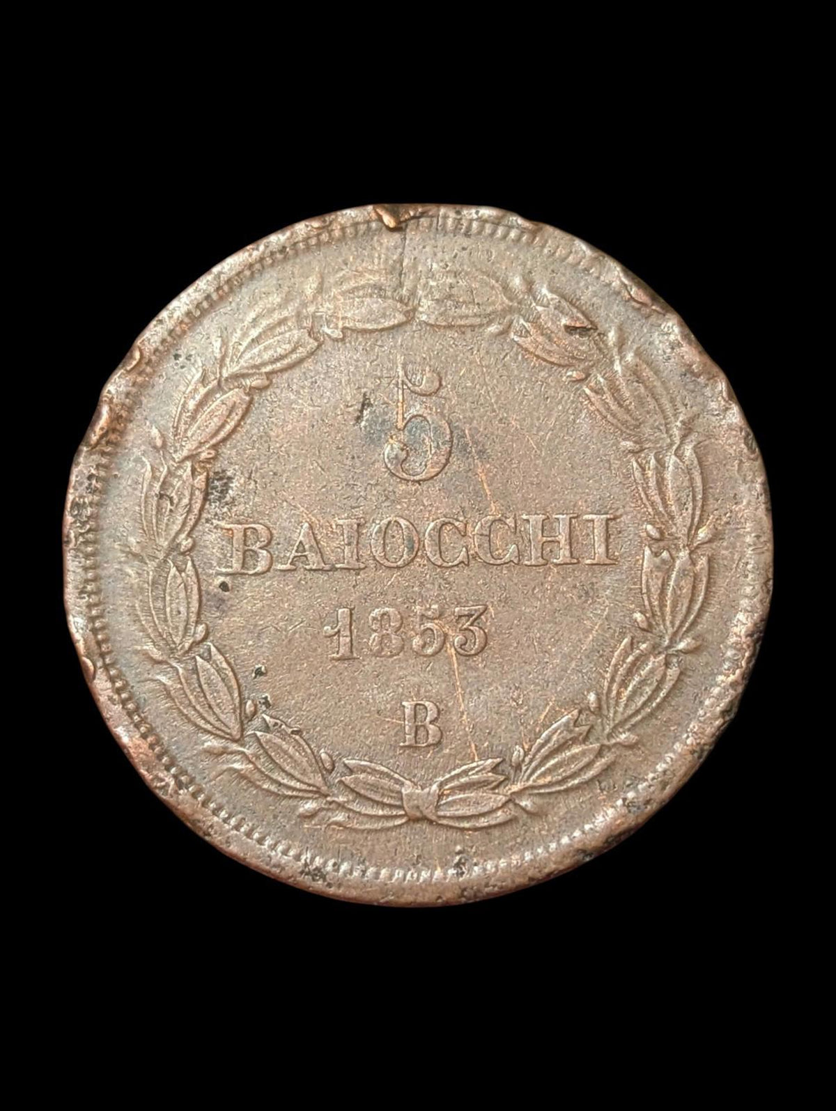 Vatican City Pontifical State Pio IX 5 Baiocchi 1853 Rome Excellent