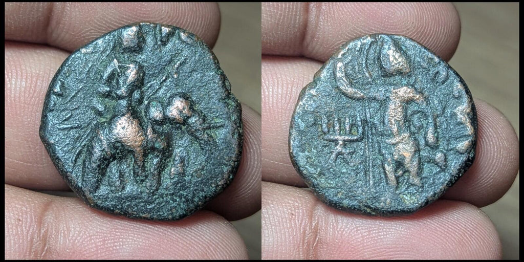 HUVISHKA Kushan Empire INDIA Ancient Authentic Greek Coin MAO ELEPHANT*