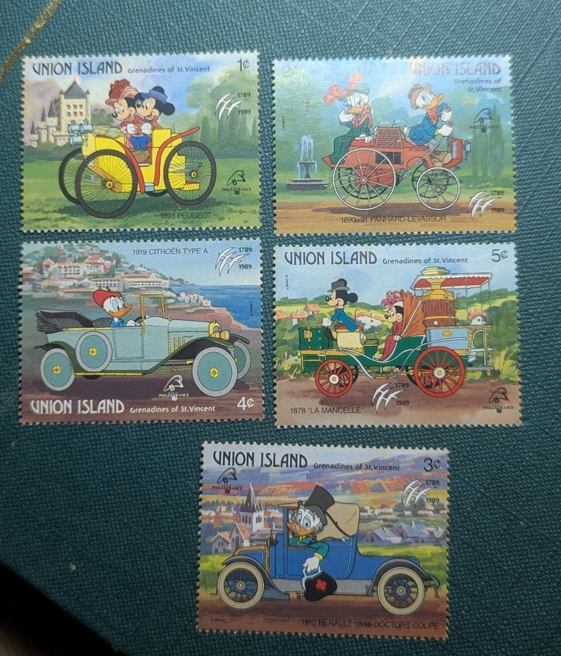 DISNEY STAMPS UNION ISLAND ANTIQUE CARS 5 STAMPS MICKEY AND PALS 1989 MNH