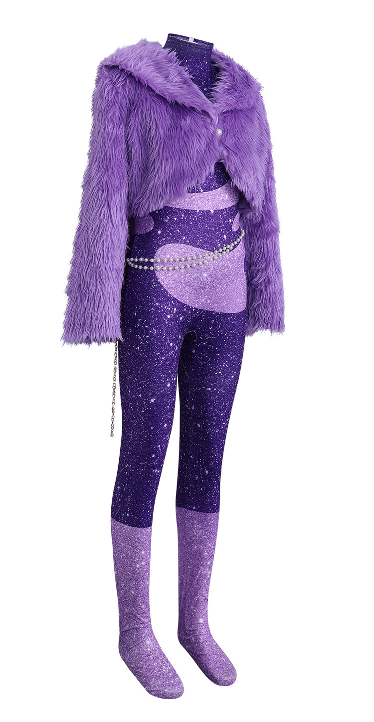 Zootopia Shakira Cosplay Purple Sequin Bodysuit Faux Fur Coat Set Stage Performance Costume
