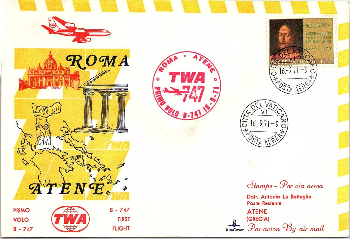 TWA Boeing 747 First Flight philatelic cover Vatican Athens