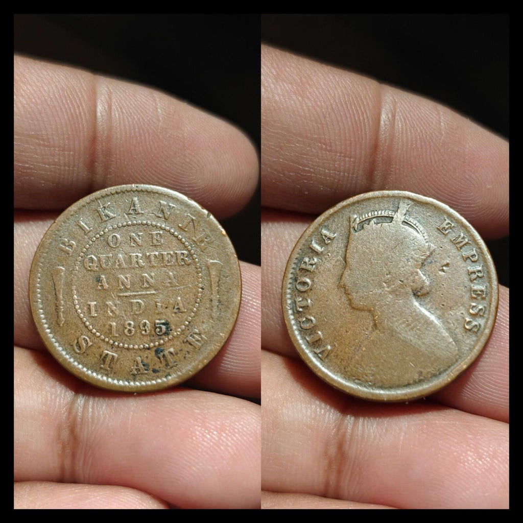 1895 Bikanir State British India One Quarter Anna Coin Id30.