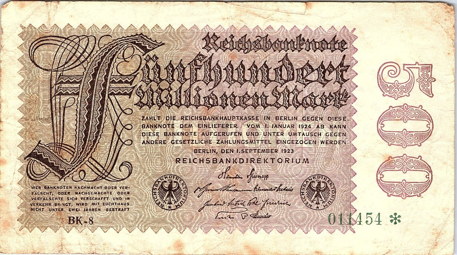GERMANY REICHSBANKNOTE 500 MILLION MARK 1923