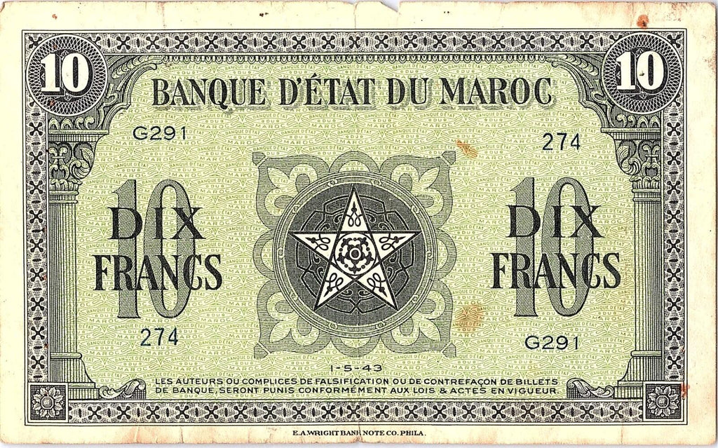 Morocco 10 Francs 1944 Better Grade Circulated