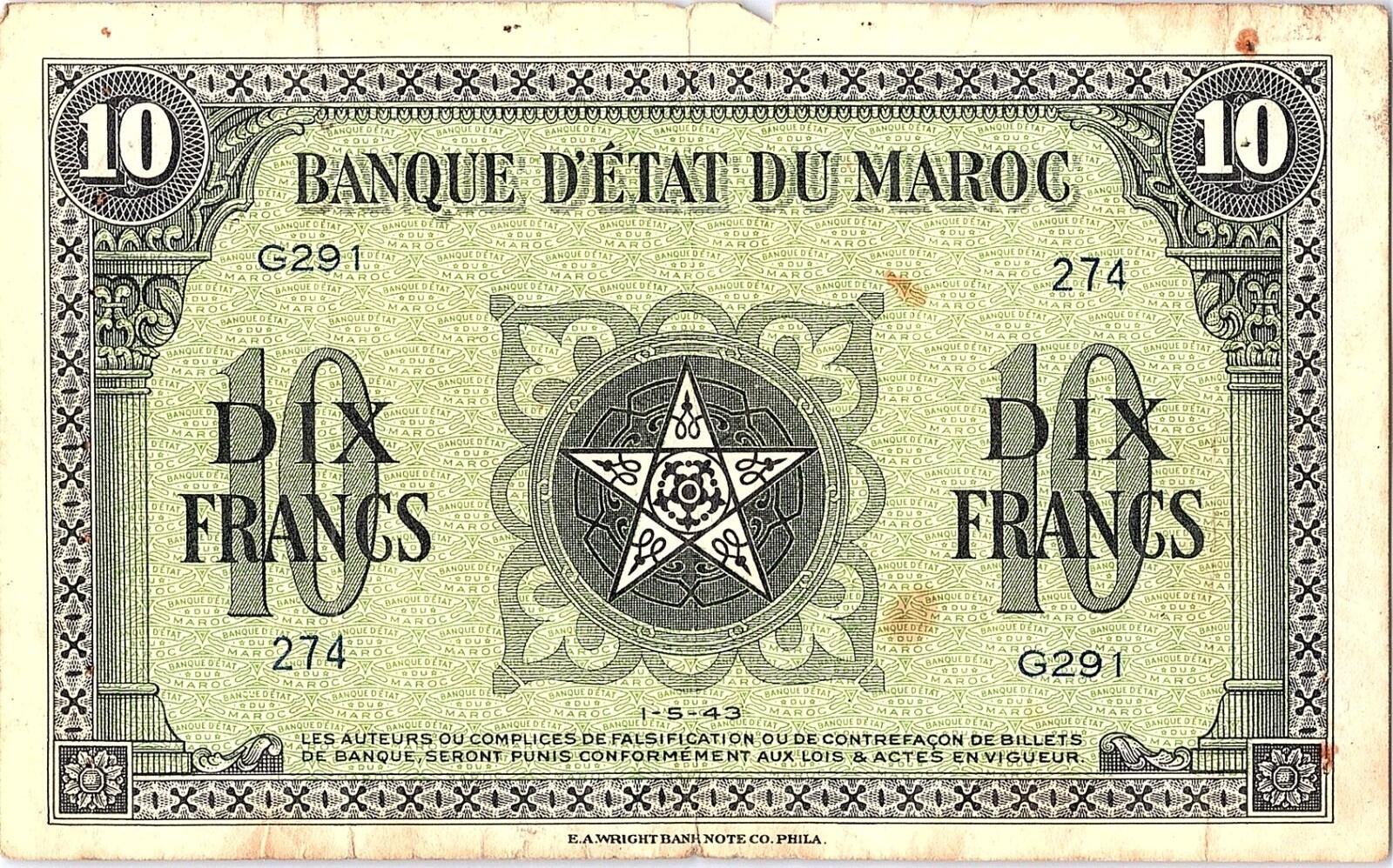 Morocco 10 Francs 1944 Better Grade Circulated