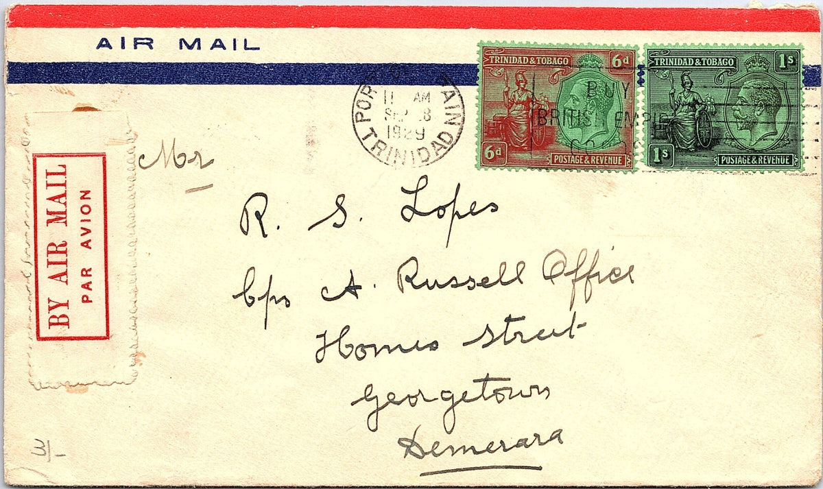 TRINIDAD & TOBAGO 1929 Airmail Cover Port of Spain to Georgetown Demerara VF