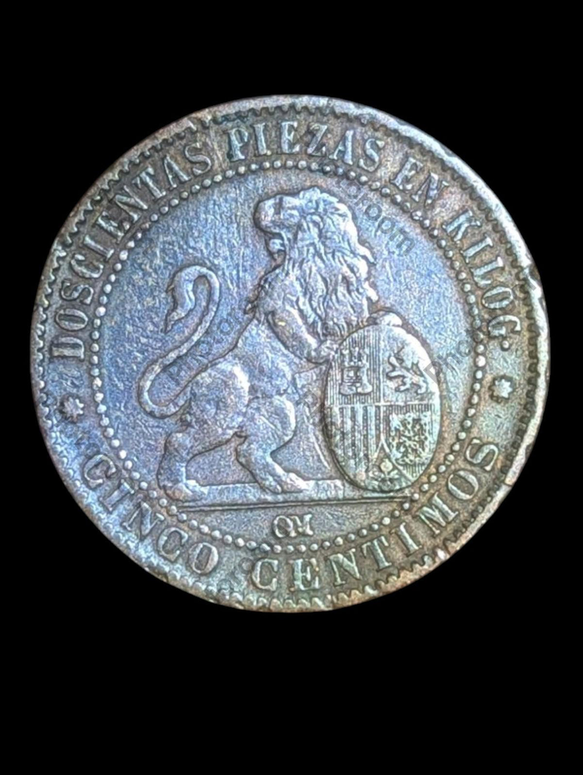 Pièce espagnole de 5 Céntimos 1870 OM KM# 662 Espagne Gouvernement Provisoire Cinq C.