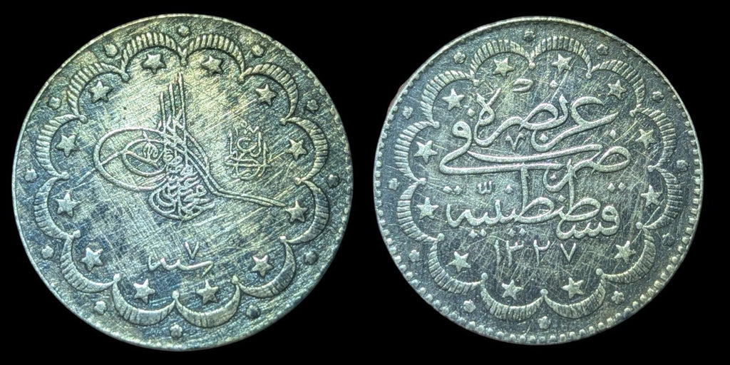10 kuruş ottoman - Mehmed V « el-Ghazi » à droite de la tughra (1915)