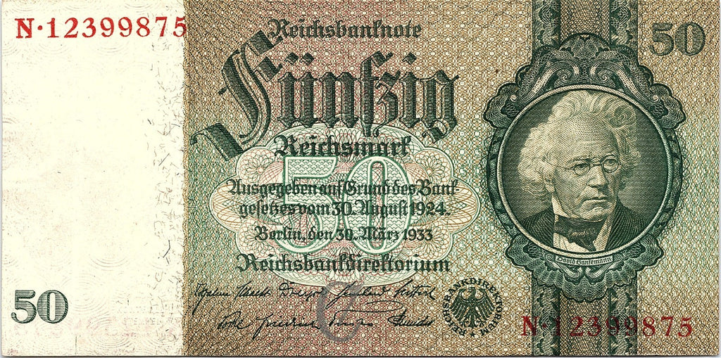 REICHSBANKNOTE 30. 3. 1933 50 MARK WATERMARK DAVID HANSEMANN PICK#182 VF