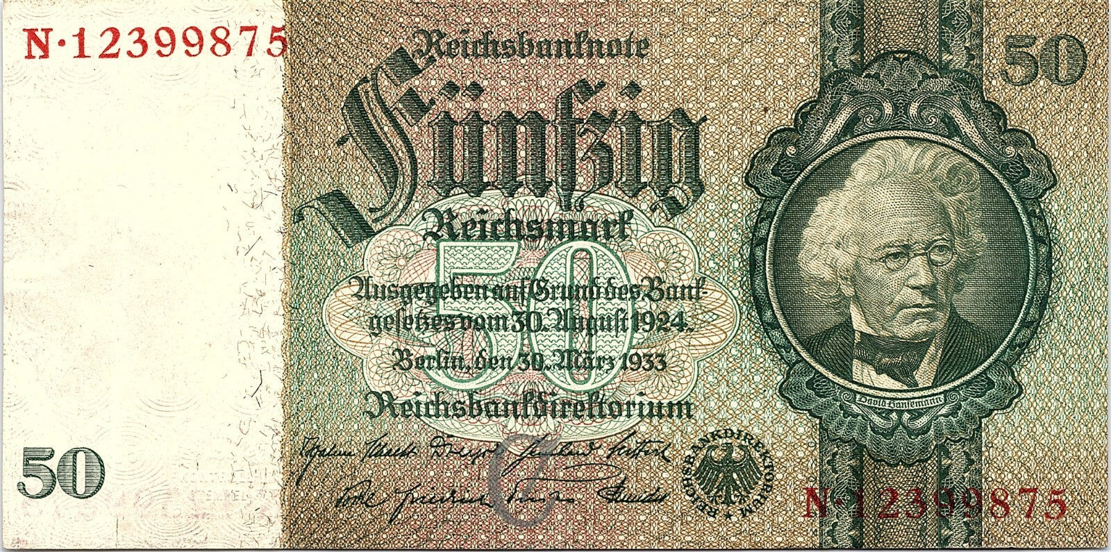 REICHSBANKNOTE 30. 3. 1933 50 MARK WATERMARK DAVID HANSEMANN PICK#182 VF