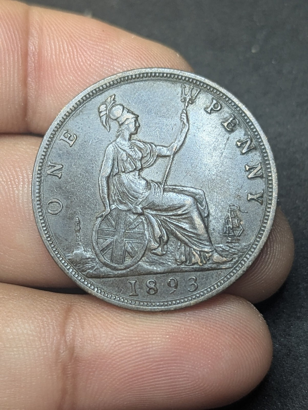 1893年英国一便士大不列颠维多利亚女王面包头青铜币 KM# 755