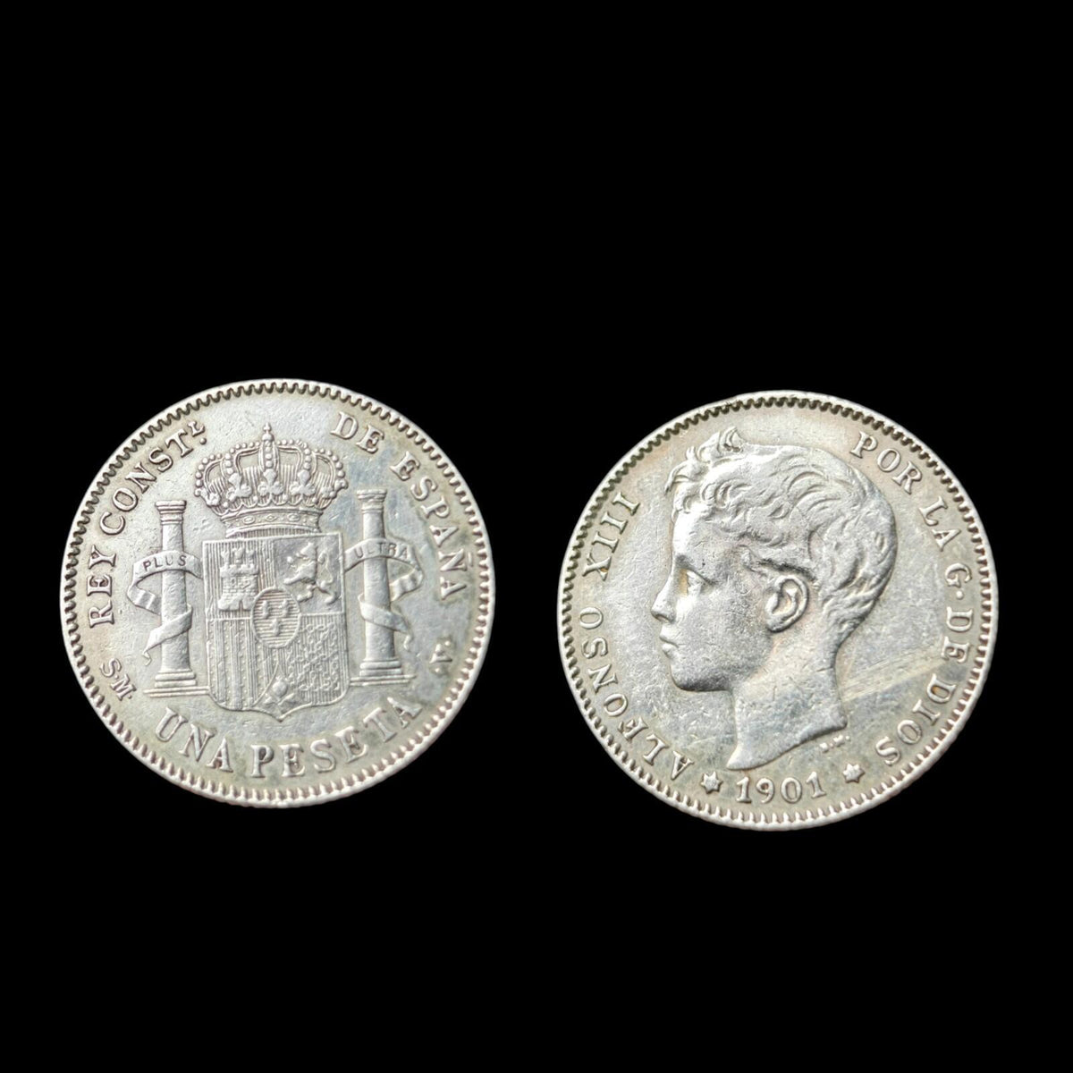 1901年西班牙阿方索十三世1比塞塔3号肖像银币未流通品相