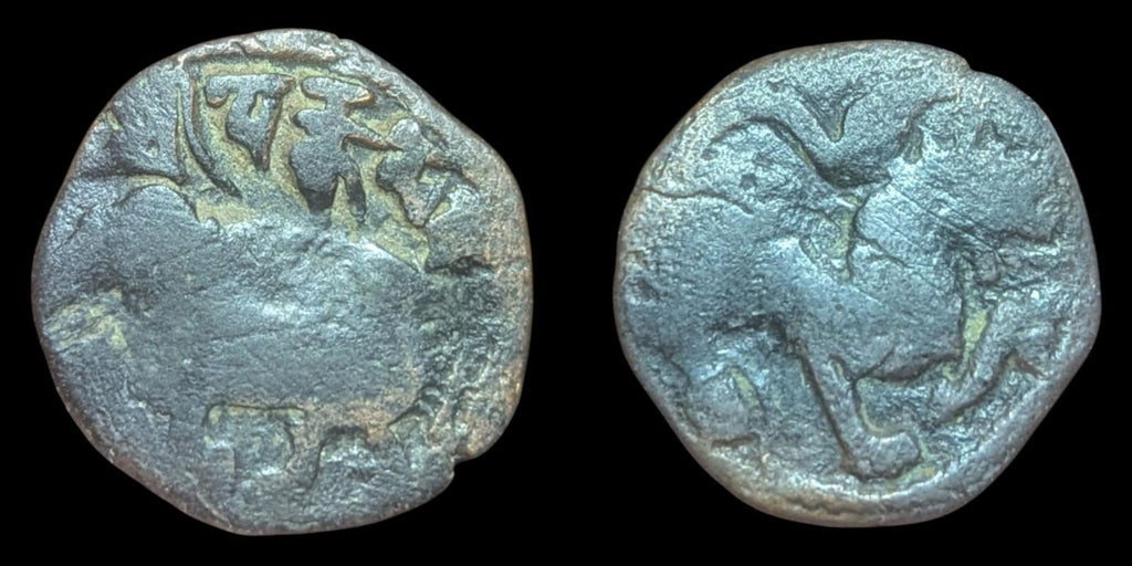 Rare, high grade, Shahi of Ohind, Vakka Deva, bronze jital, c. 870-1000 AD.