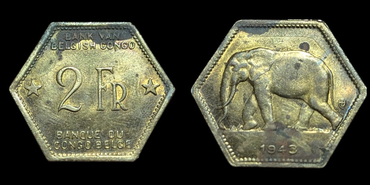 1943 Belgian Congo 2 Franc KM# 25 Brass Elephant 🐘