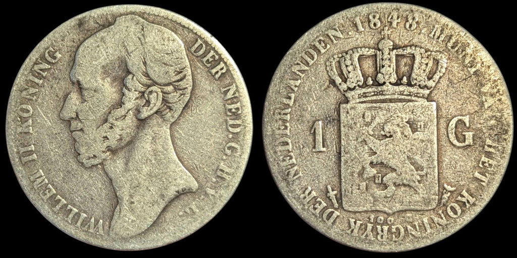 1848 Netherlands King WILLIAM II Wreath OLD Silver Gulden Coin