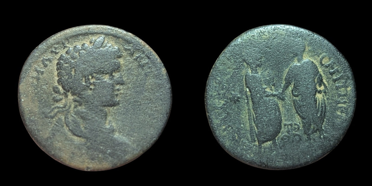 Monnaie provinciale romaine CARIE Stratonicée Caracalla avec Geta en tant que César Dupondius