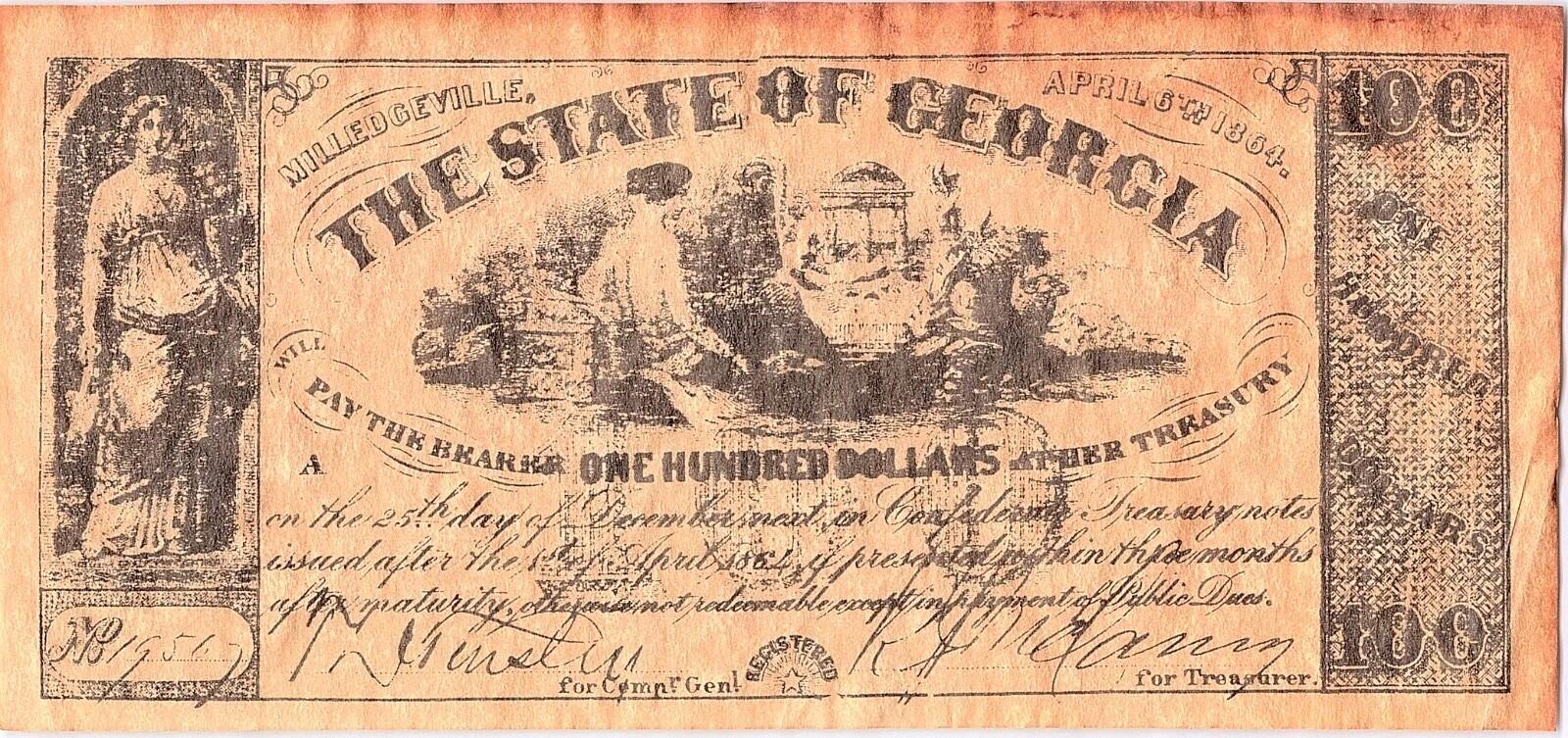$100 Dollar Bill 1864 The State of Georgia One Hundred Dollars Copy Reproduction
