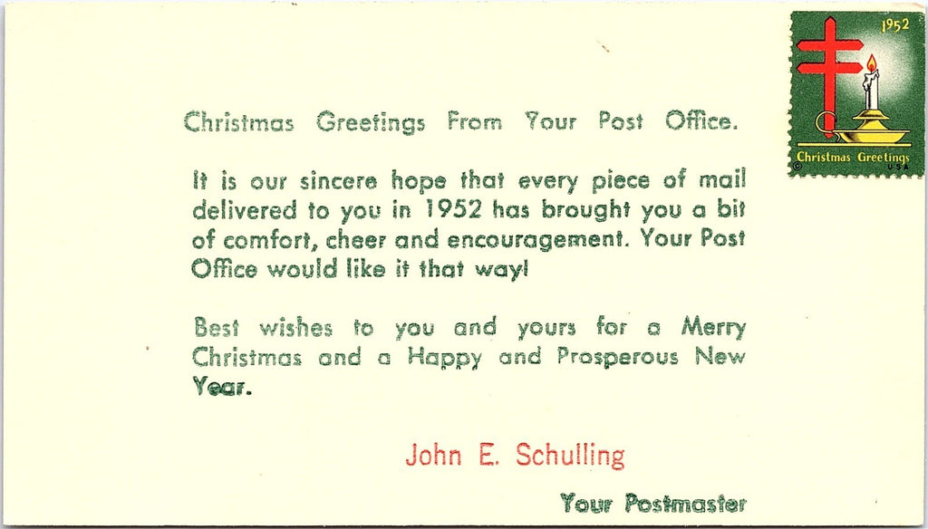 Vintage 1952 Christmas Greetings From Your Post Office Postcard John E Schulling