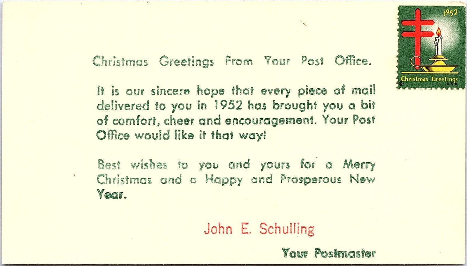 Vintage 1952 Christmas Greetings From Your Post Office Postcard John E Schulling