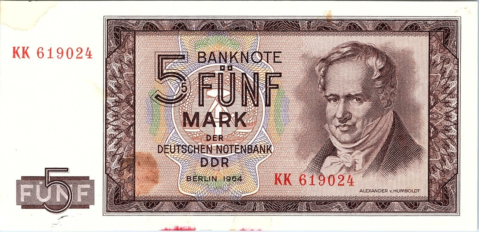 Communist Germany DDR GDR - BANKNOTE - 5 Mark 1964 Berlin Alexander v. Humboldt