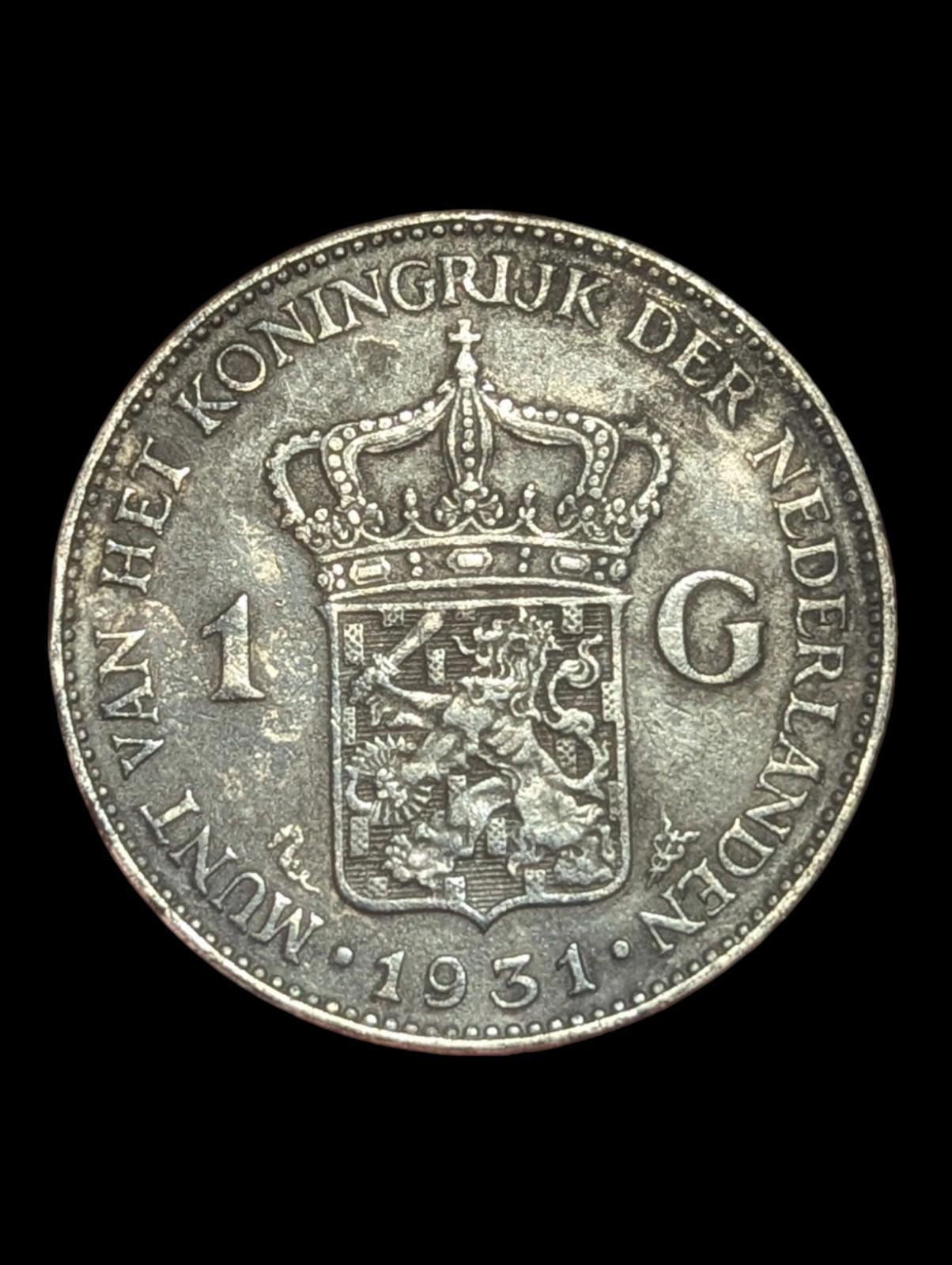 1931 Royaume des Pays-Bas avec Reine WILHELMINA Pièce Vintage en Argent 1 Gulden