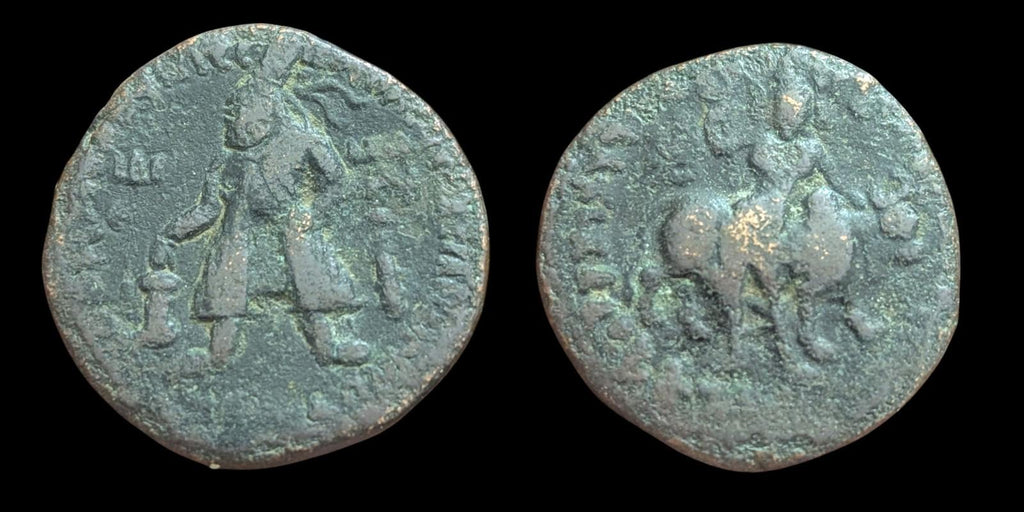 印度贵霜帝国 维马·卡德菲塞斯 铜币 四德拉克马 公元100-127年 湿婆/公牛