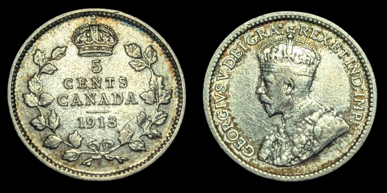 Canada 1913 - 5 Cents, Wow Grade - George V .925 Silver KM#22