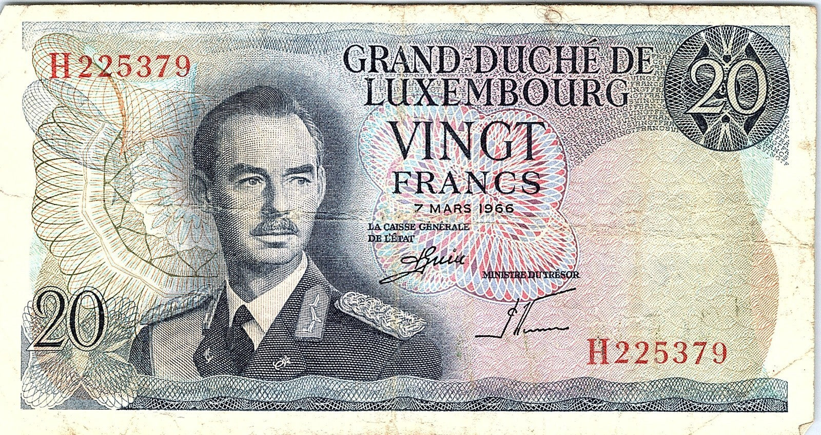 Luxembourg 20 Francs Banknote 1966 Choice circulated Cond "The Duke"