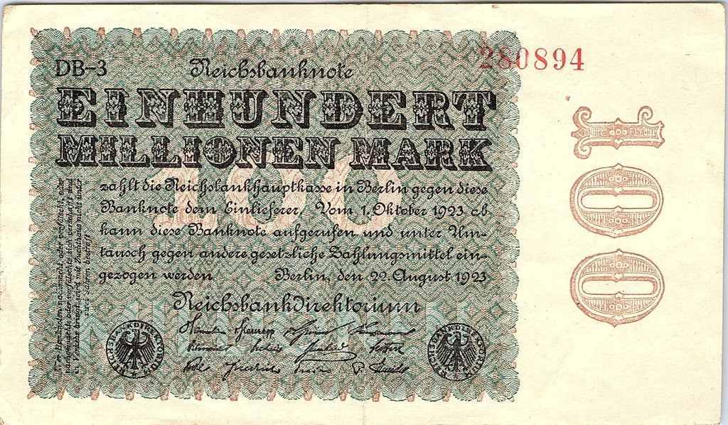 GERMANY WEIMAR REP 100 MILLION MARK 1923