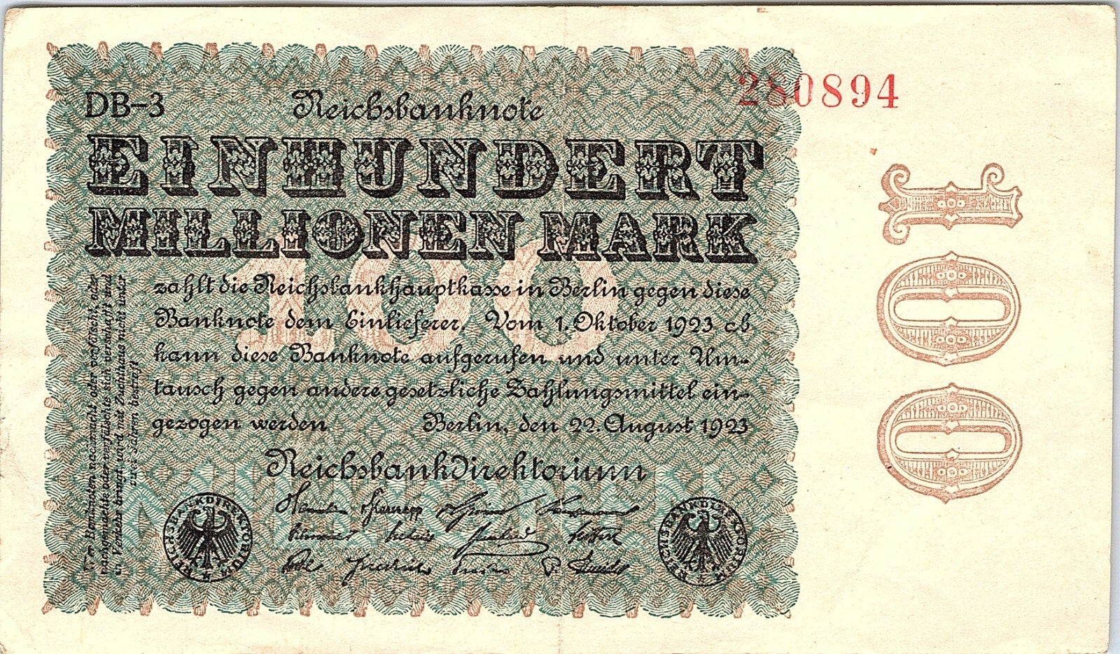 GERMANY WEIMAR REP 100 MILLION MARK 1923