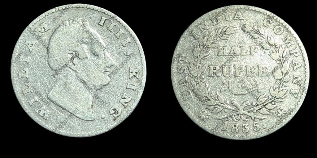 Inde (Britannique) KM449.3, Demi Roupie 1835 (C) Date Clé Rare