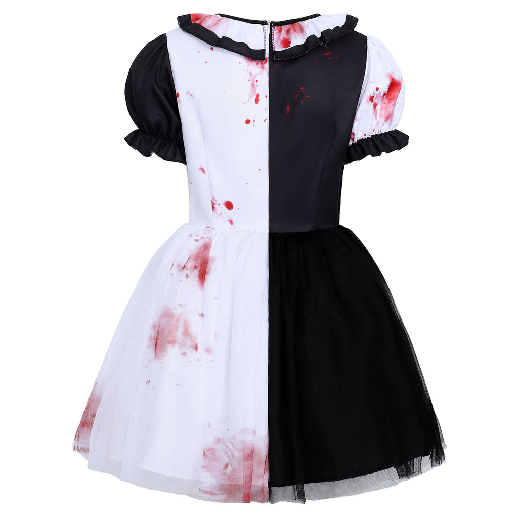 Women's Cosplay Clown Dress with Lace Overlay, A-line Silhouette, Terrifier Horror Costume, Halloween Party Dress