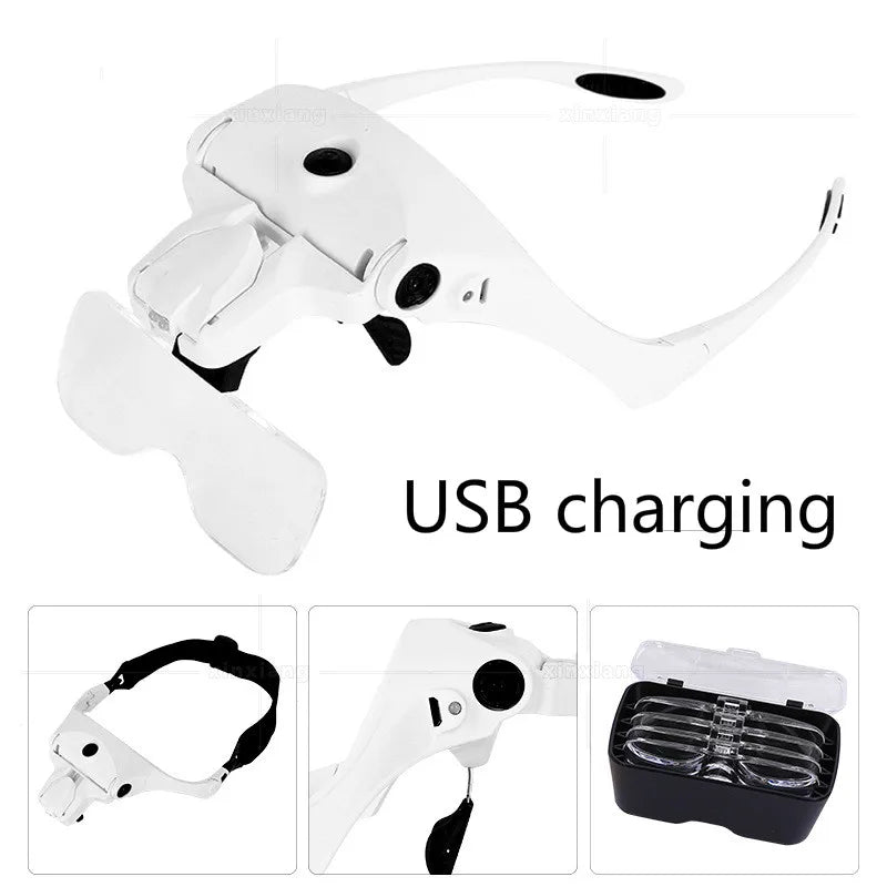 USB Rechargeable LED Lamp Head-mounted Headband Interchangeable Glasses 5 Multiple Reading Repair Magnifying Glass