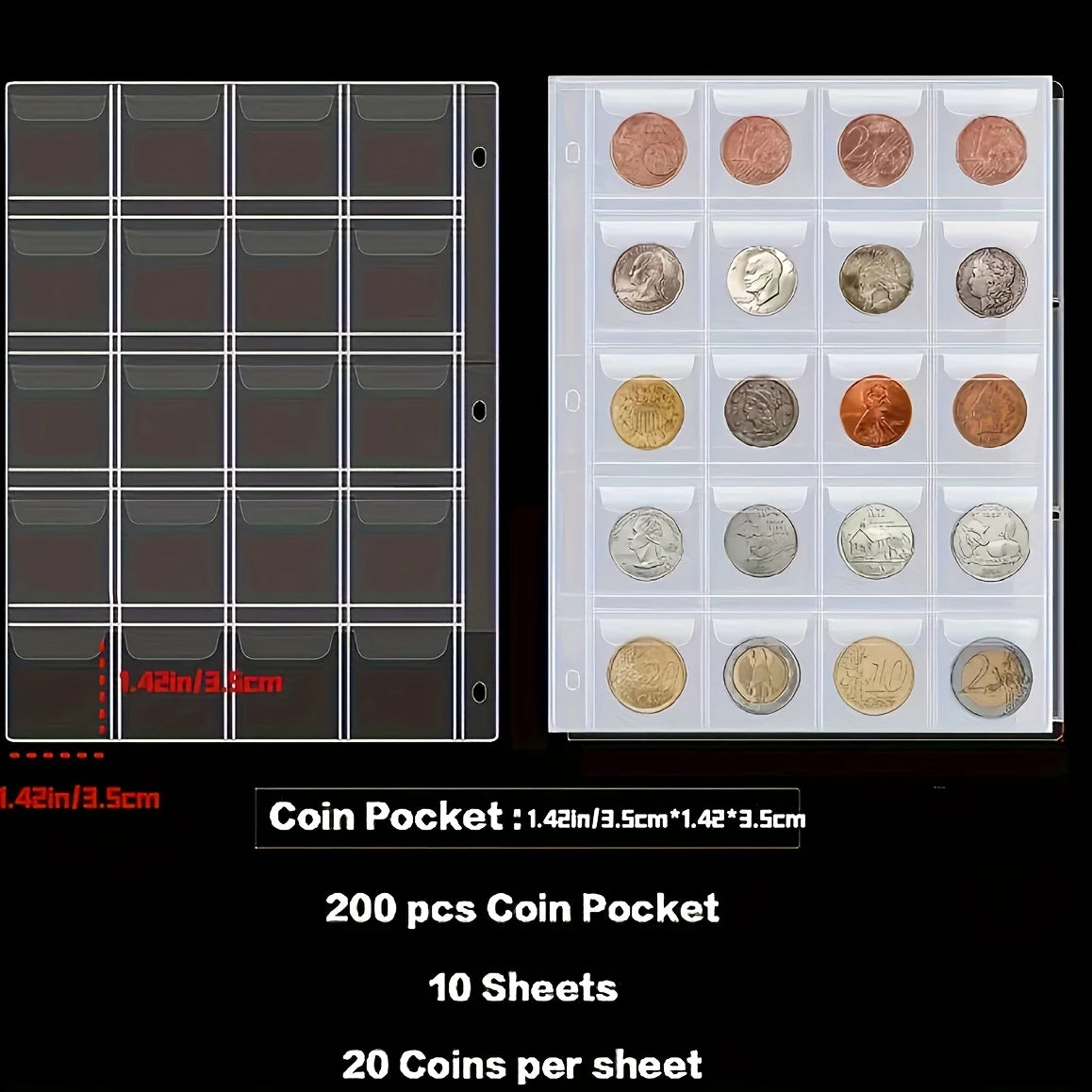 Coin Collection Book Holder for Collectors, 200 Pockets Collecting Album & 10 Sleeves Paper Money Display Storage Case