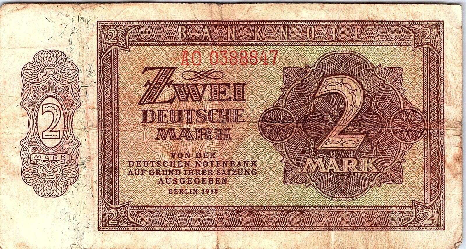 Germany 2 Deutsche Mark Banknotes, year 1948