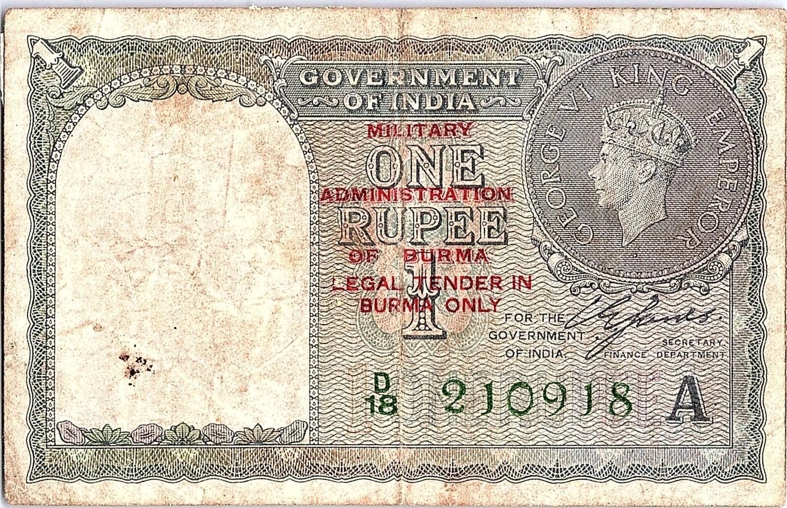 Burma 1 rupee ND (1945 old data 1940) King George VI