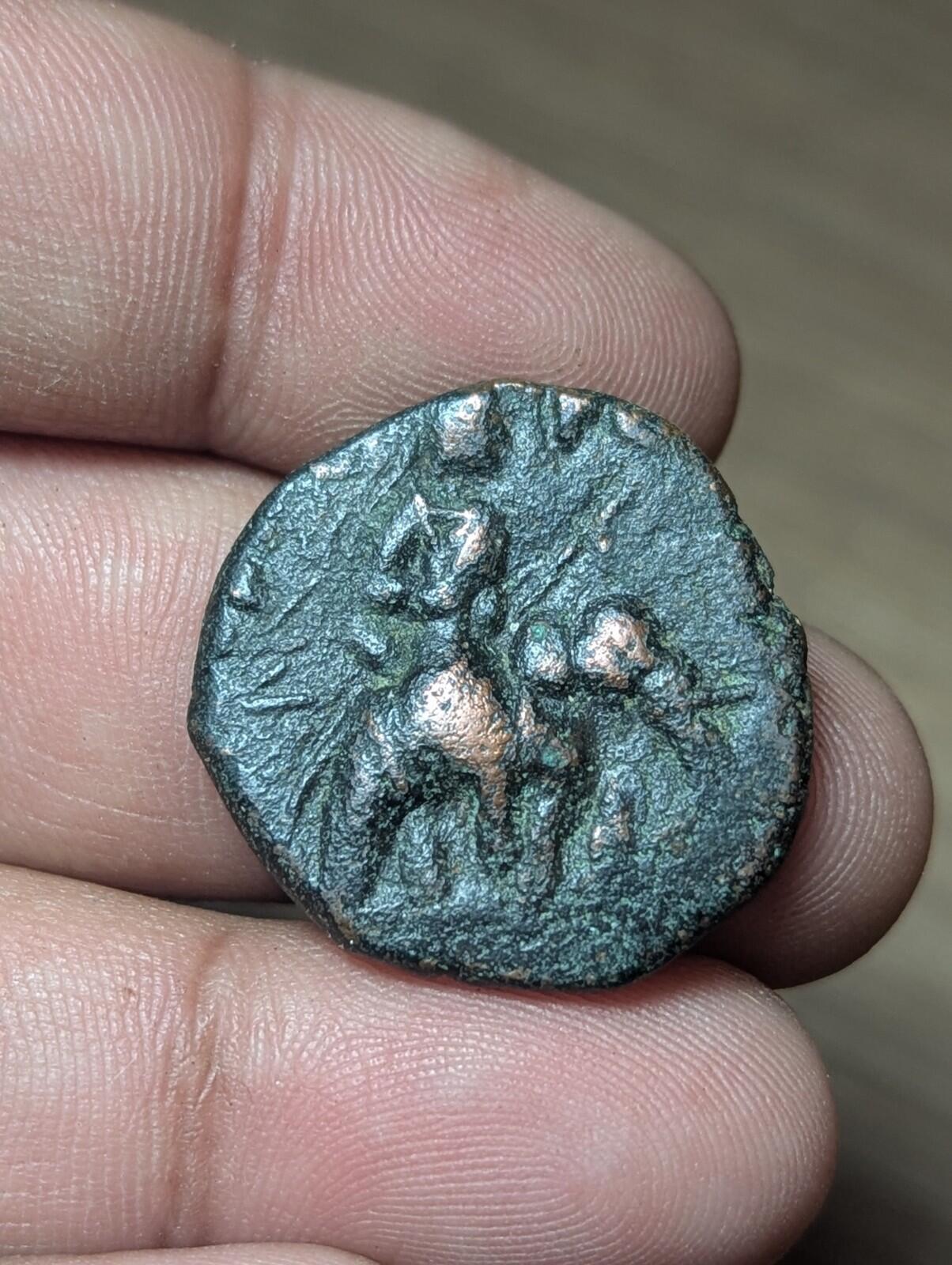 HUVISHKA Kushan Empire INDIA Ancient Authentic Greek Coin MAO ELEPHANT*