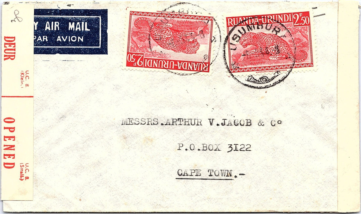 Vintage Ruanda-Urundi Airmail Cover Usumbura to Cape Town Leopard Stamps