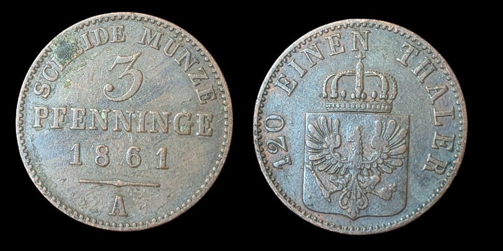 1861-A Prussia 3 Pfennig Germany Copper Coin Wilhelm I Berlin Mint First Year Is