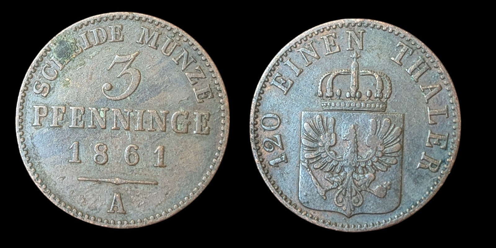 1861-A Prussia 3 Pfennig Germany Copper Coin Wilhelm I Berlin Mint First Year Is