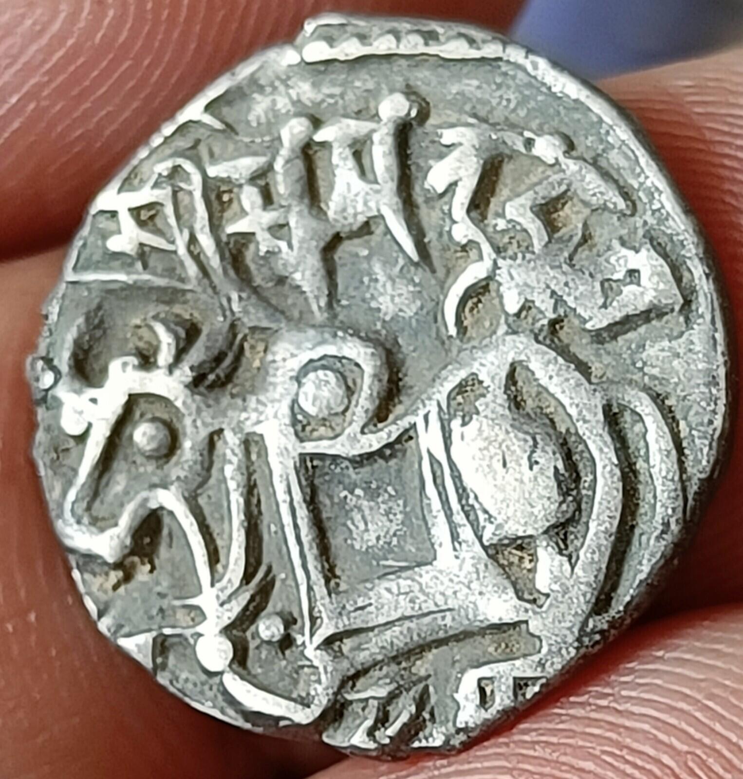 #O31#Indian OHINDA DYNASTY Samanta Deva HORSE & BULL SILVER coin BEAUTIFUL GRADE