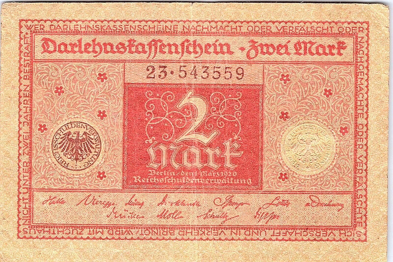 1920 German Empire 2 Mark Banknote Reichsmark WWII Reichsbanknote Germany
