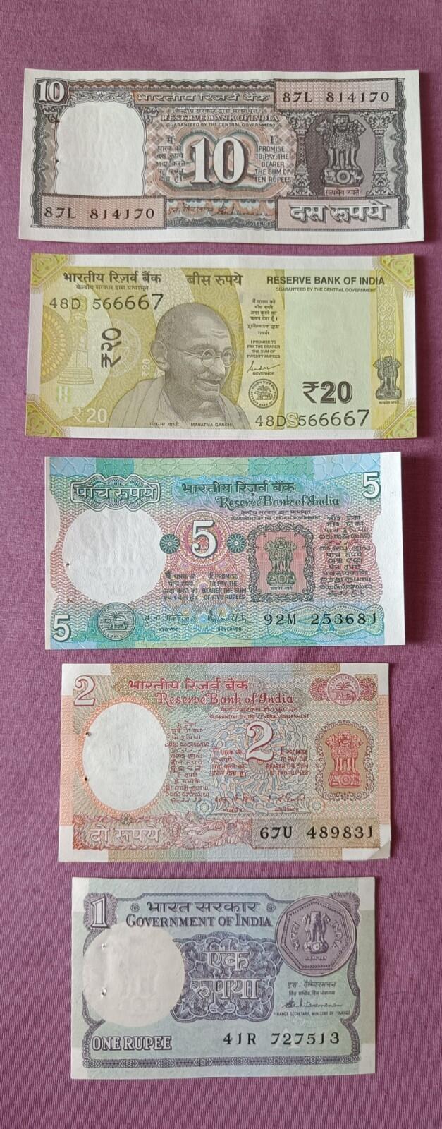 🇮🇳 India🇮🇳 Old different 20-10-5-2-1 Rupees 5 Notes-Uncirculated-Crispy