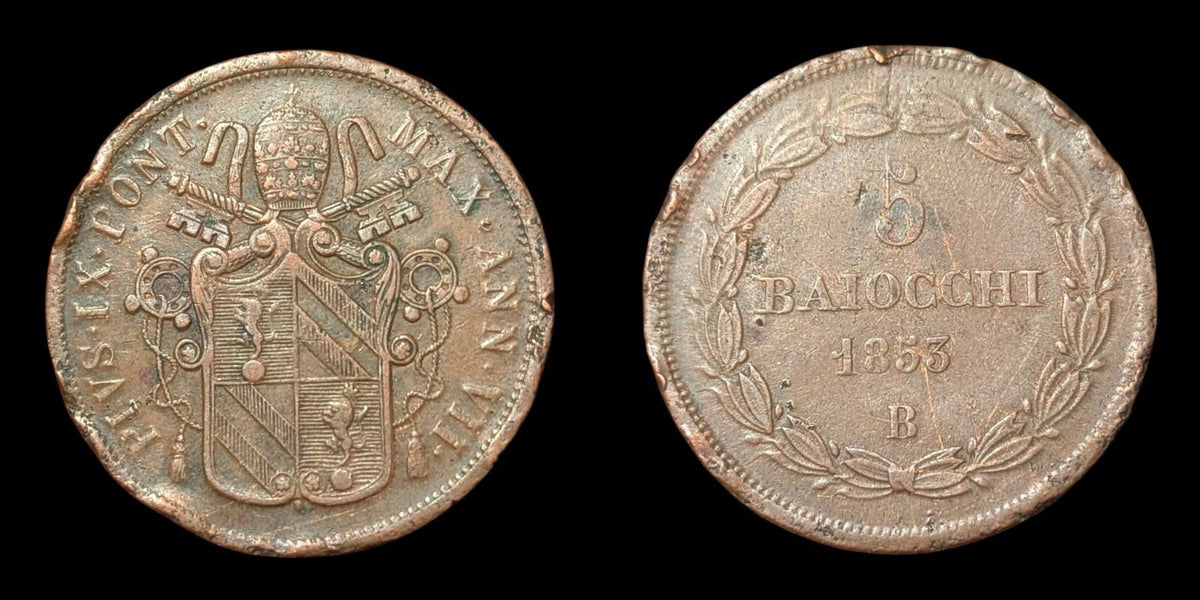 Vatican City Pontifical State Pio IX 5 Baiocchi 1853 Rome Excellent