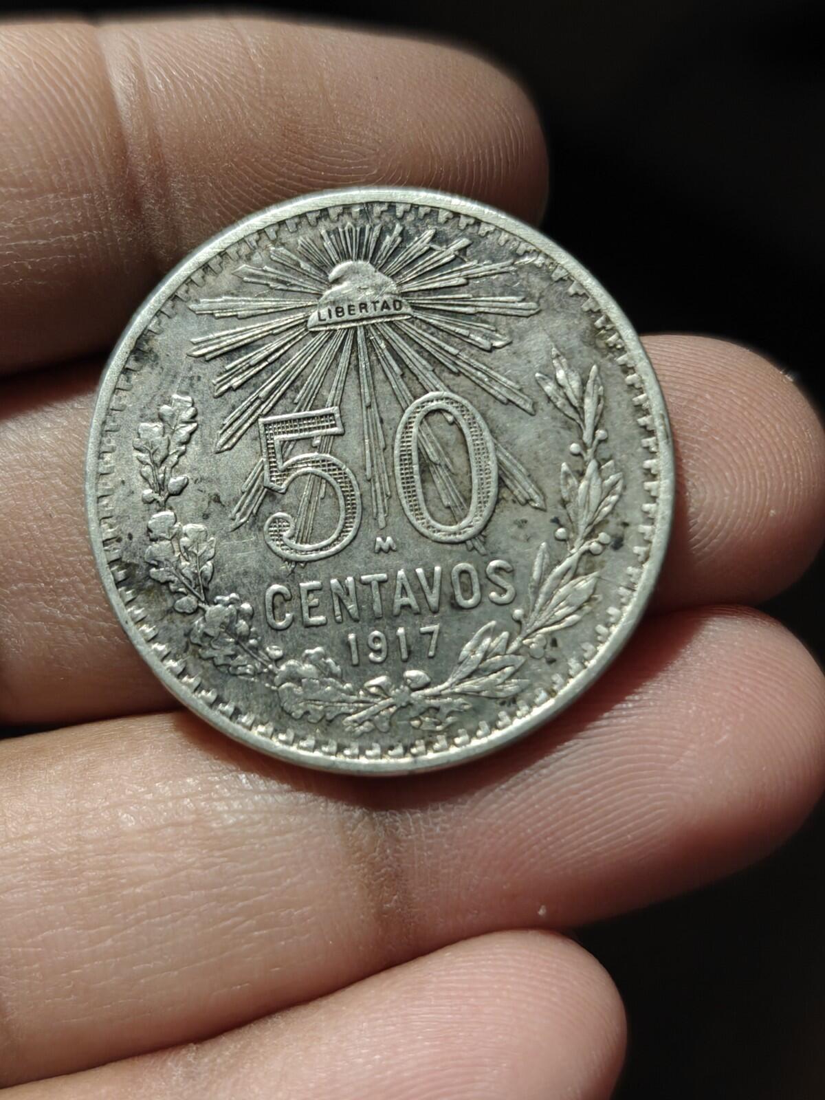 1917 Mexique 50 Centavos Pièce en argent Très bel état