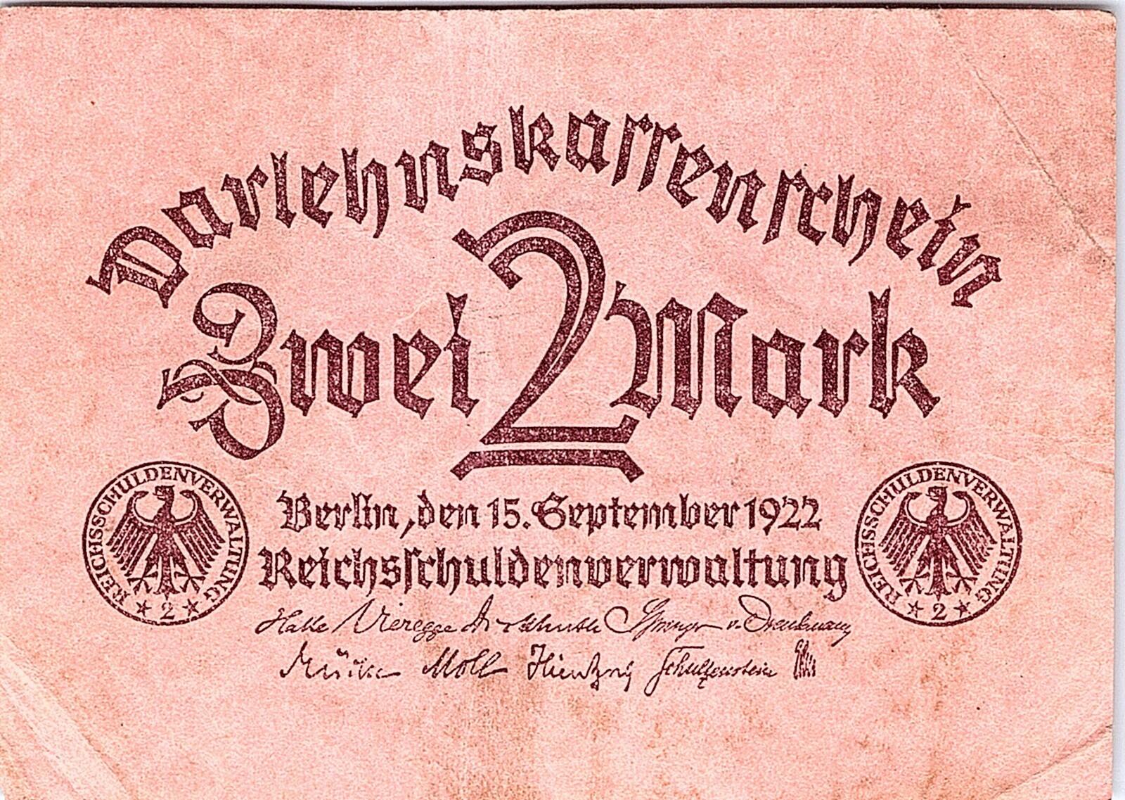 1922 Germany 2 Mark Banknote Circulated Rare